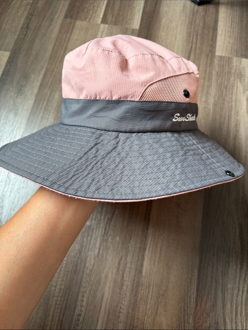 Sun Shade Ponytail Wide Brimmed Two-Tone Pink and Gray Sun Hat